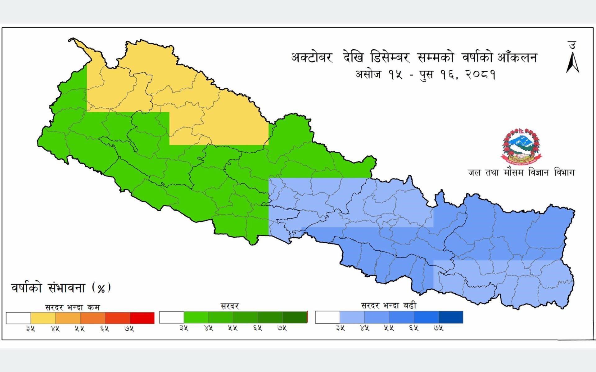 आउँदो तीन महिनाको हावापानी आँकलन :  पाँच प्रदेशमा सरदरभन्दा बढी वर्षा हुने