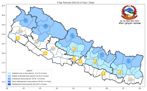 आज यी दुई प्रदेशमा चट्याङसहित हल्का वर्षा तथा हिमपातको सम्भावना