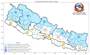 यि तीन प्रदेशमा हल्का वर्षा तथा हिमाली भागमा हिमपातको सम्भावना